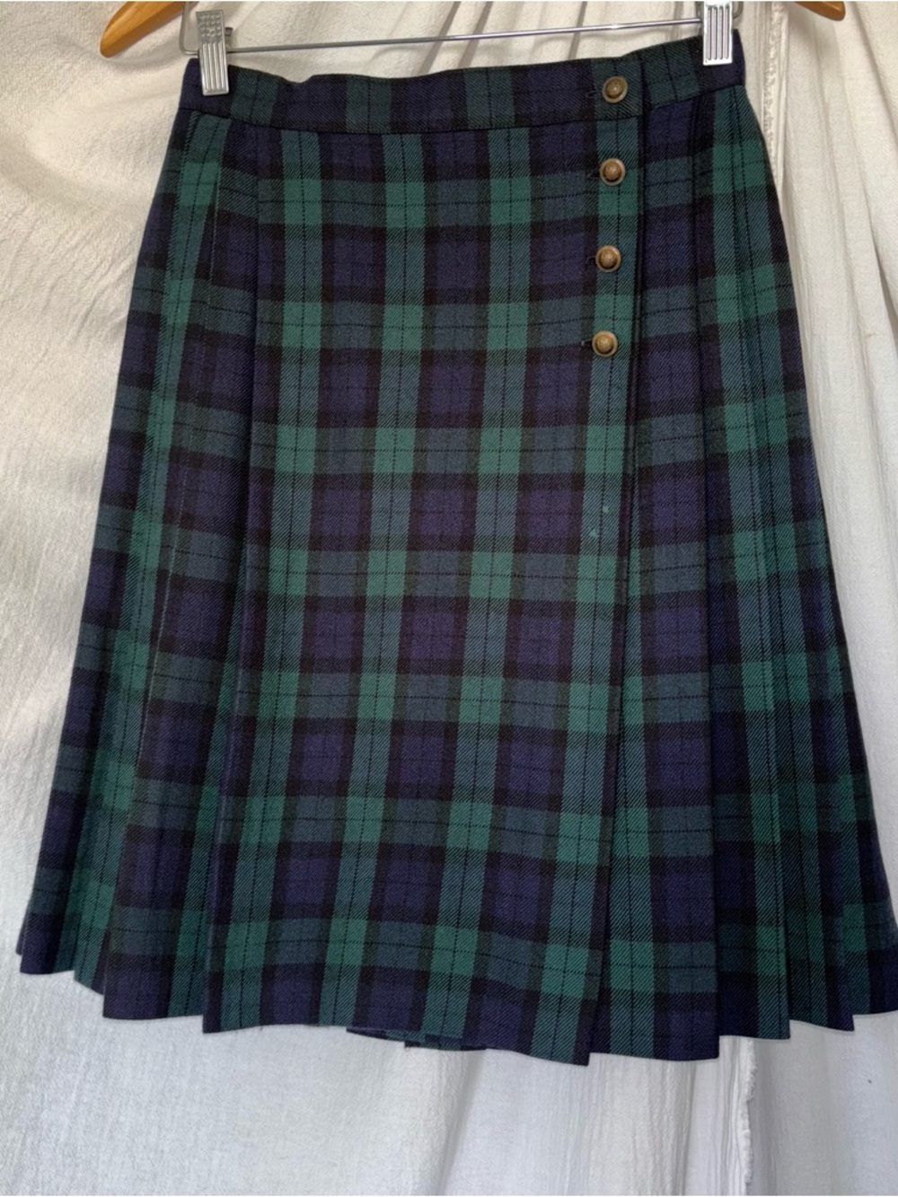 Vintage Rena Rowan Saville Green & Blue A-Line Pleated Wool Blend Wrap Skirt